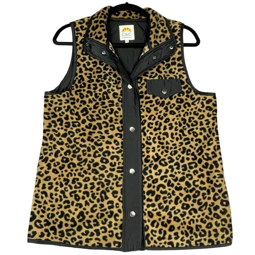 C&C California Leopard Print Black Accents Snap Chic Bold Stylish Fleece Vest M